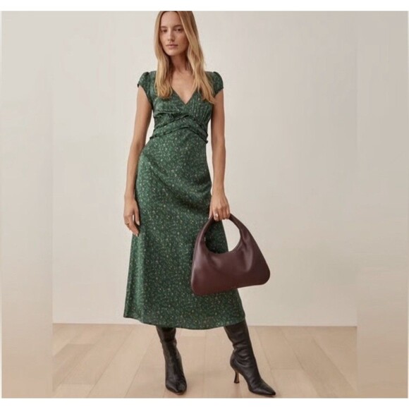 Reformation Dresses & Skirts - Reformation Kaye Silk Dress Women’s Size 8 Coriander Green Floral Seen On Tv